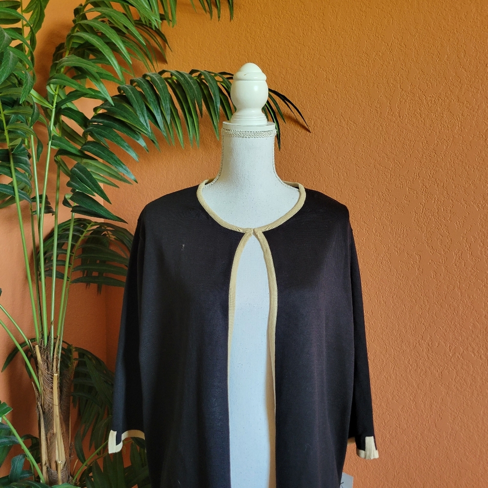 NWT Villager Woman Liz Claiborne Open Front Cardigan Sweater Black Tan 1